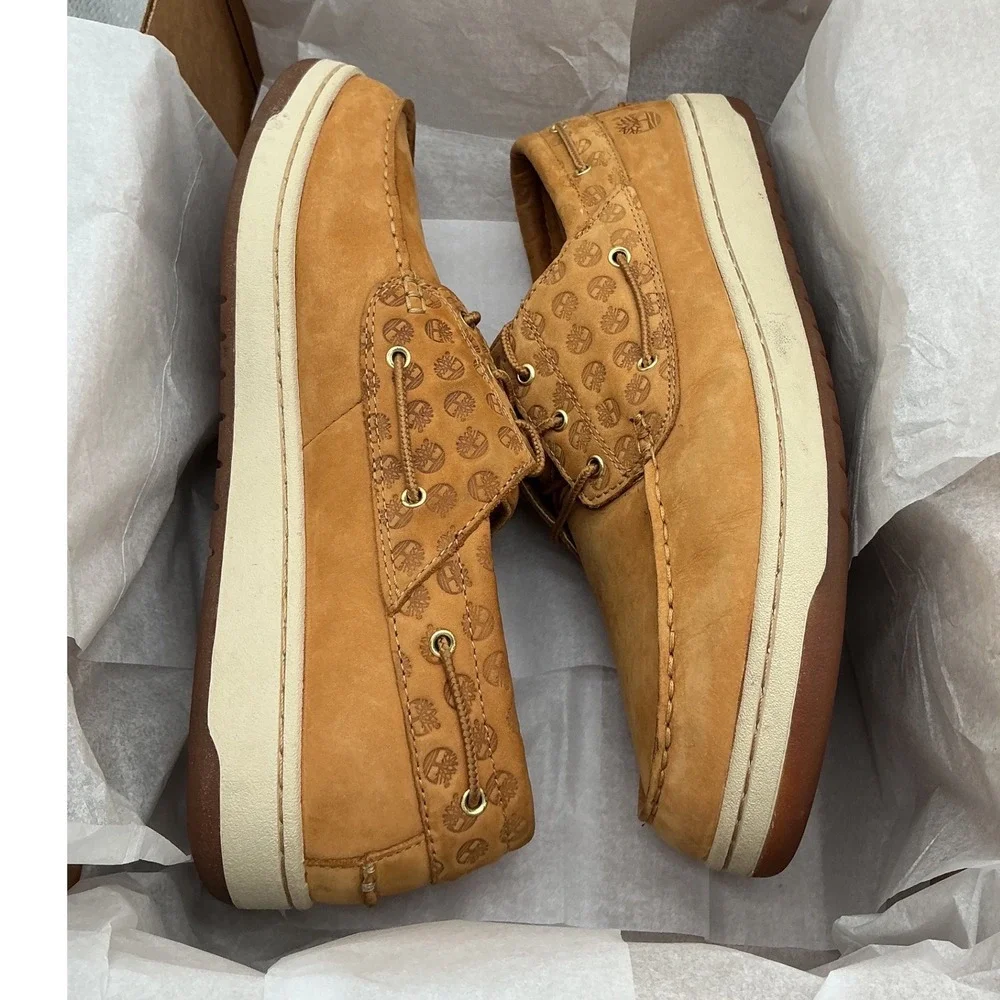 Timberland Mens Wheat Nubuck Logo Embossed Boat Shoes Loafers 45596 Size 10.5M
